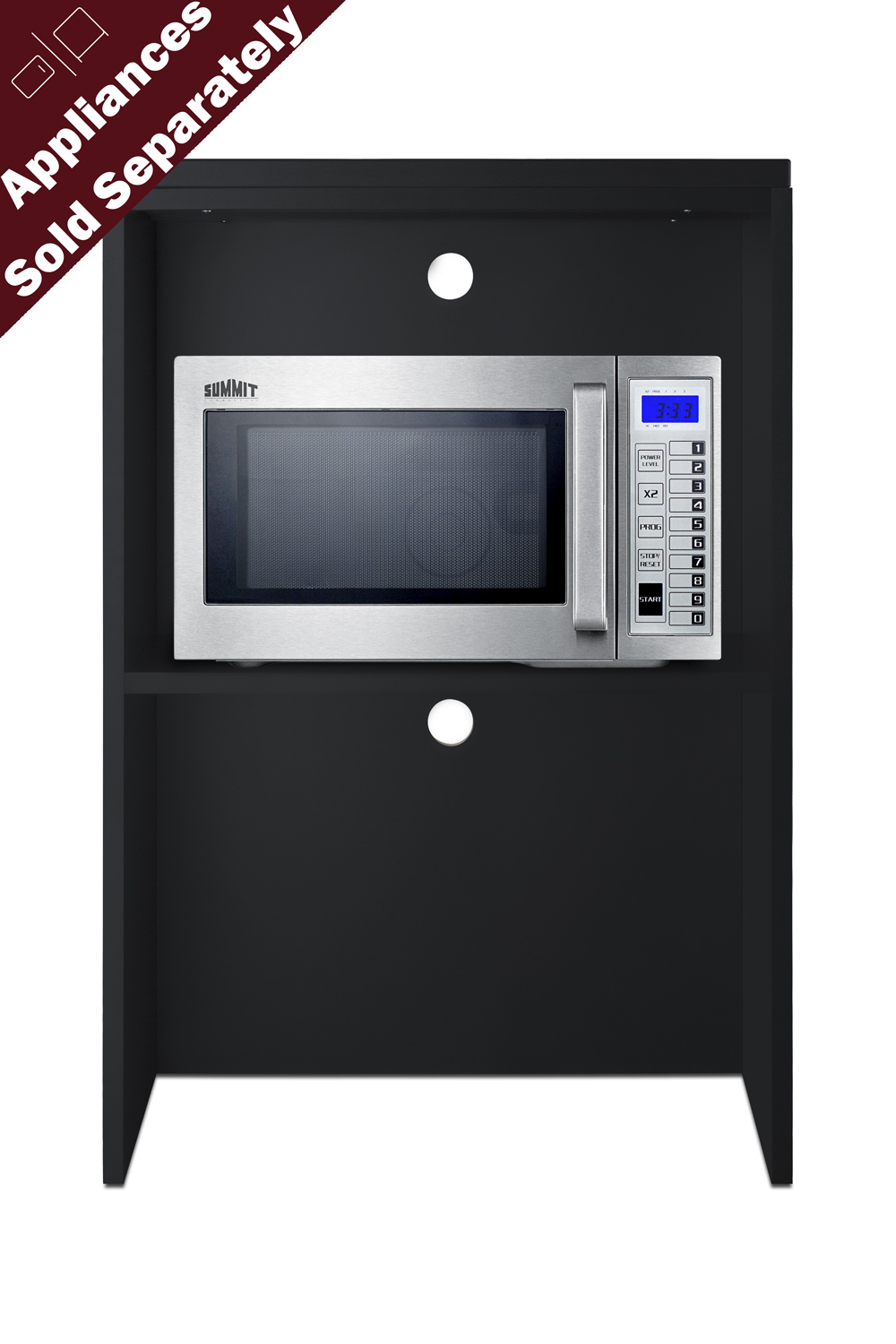 Fully assembled casework hutch in a black finish designed to accept compact microwaves